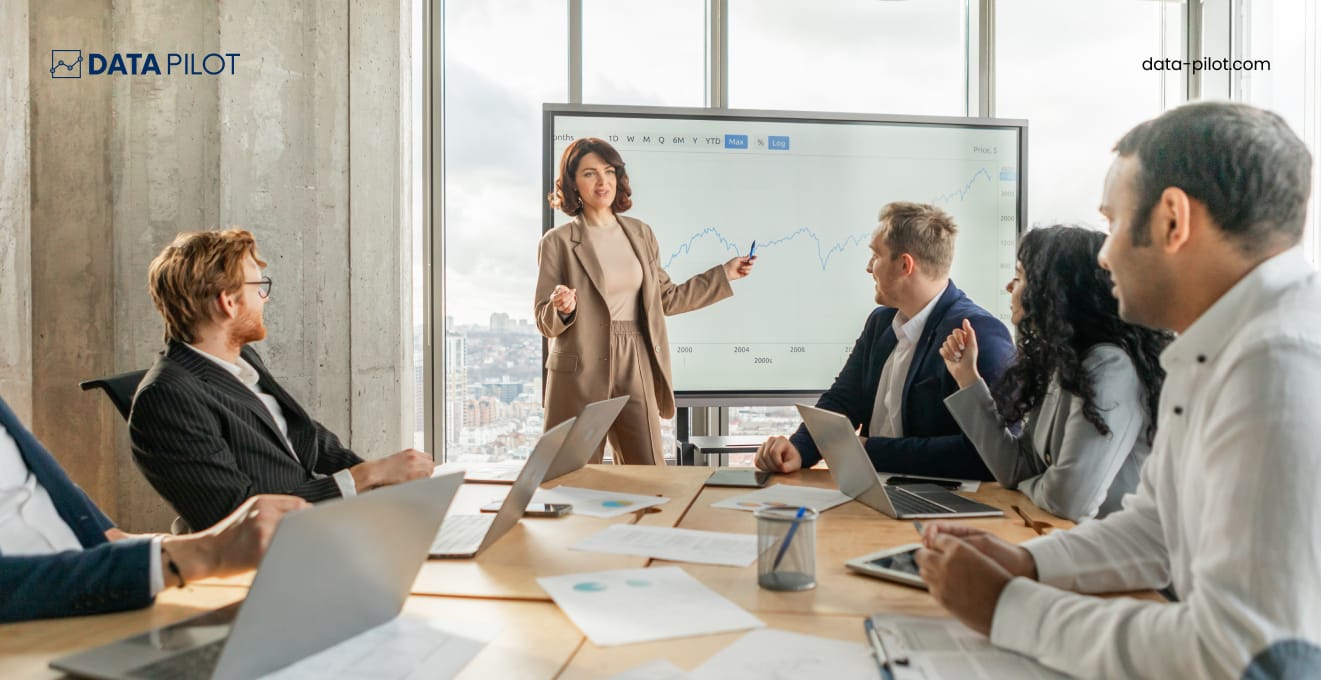 An image showing a female executive in a boardroom, showing data to justify her decision.