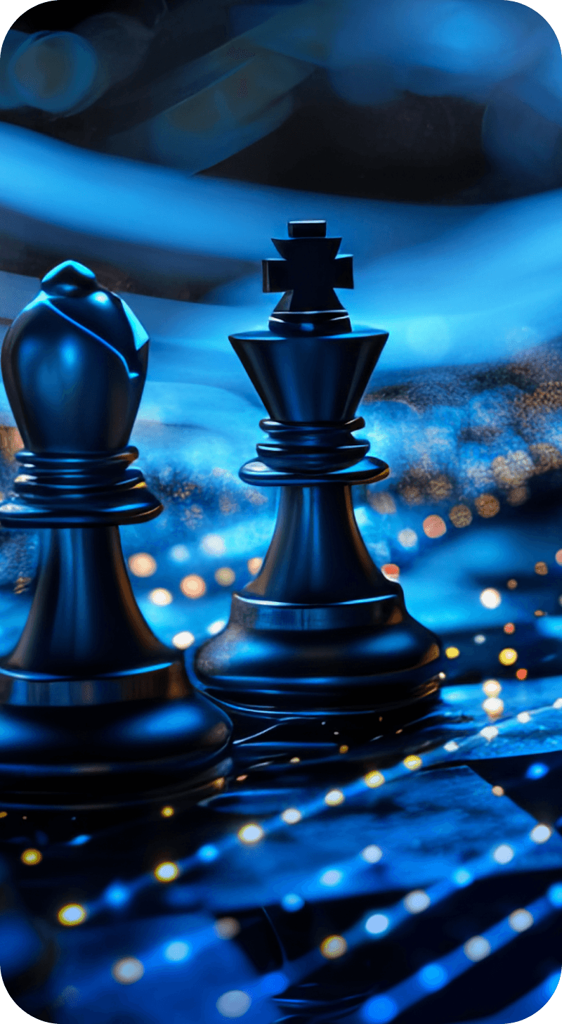 Strategic chess game with blue and black pieces on a glowing digital background.