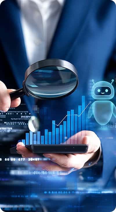 Business professional analyzing data with AI and digital graphs on smartphone.
