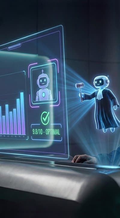 Futuristic AI robot analyzing data with holographic interface and charts.