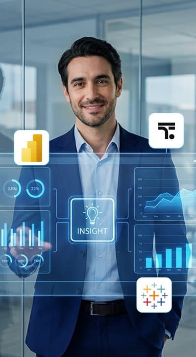 Business professional analyzing data with digital dashboards and charts for data-driven decisions.