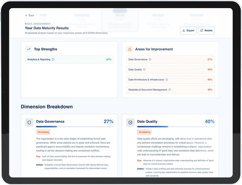 Data Pilot dashboard showing data governance and quality metrics for analysis.