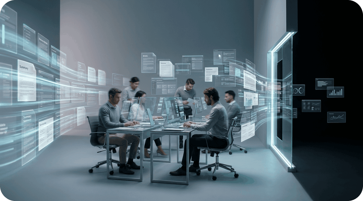 Team of professionals working with digital data and analytics in a high-tech environment.